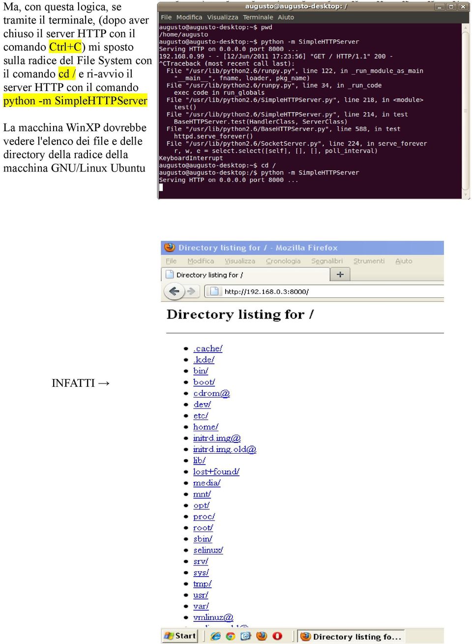 server HTTP con il comando python -m SimpleHTTPServer La macchina WinXP dovrebbe vedere