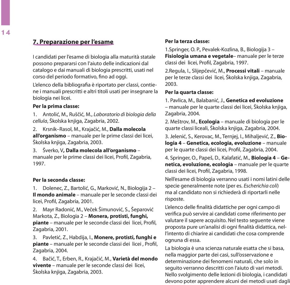 Per la prima classe: 1. Antolić, M., Ruščić, M., Laboratorio di biologia della cellula, Školska knjiga, Zagabria, 2002. 2. Krsnik Rasol, M., Krajačić, M.