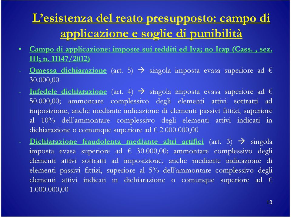 000,00; ammontare complessivo degli elementi attivi sottratti ad imposizione, anche mediante indicazione di elementi passivi fittizi, superiore al 10% dell ammontare complessivo degli elementi attivi