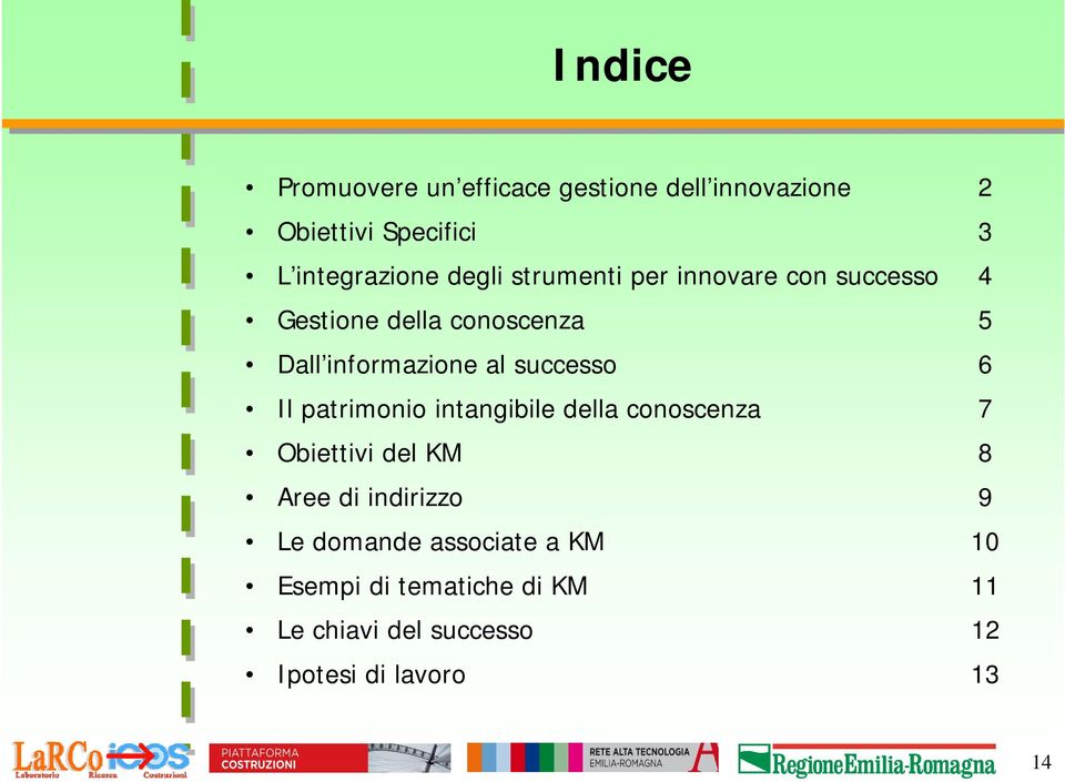 successo 6 Il patrimonio intangibile della conoscenza 7 Obiettivi del KM 8 Aree di indirizzo 9 Le