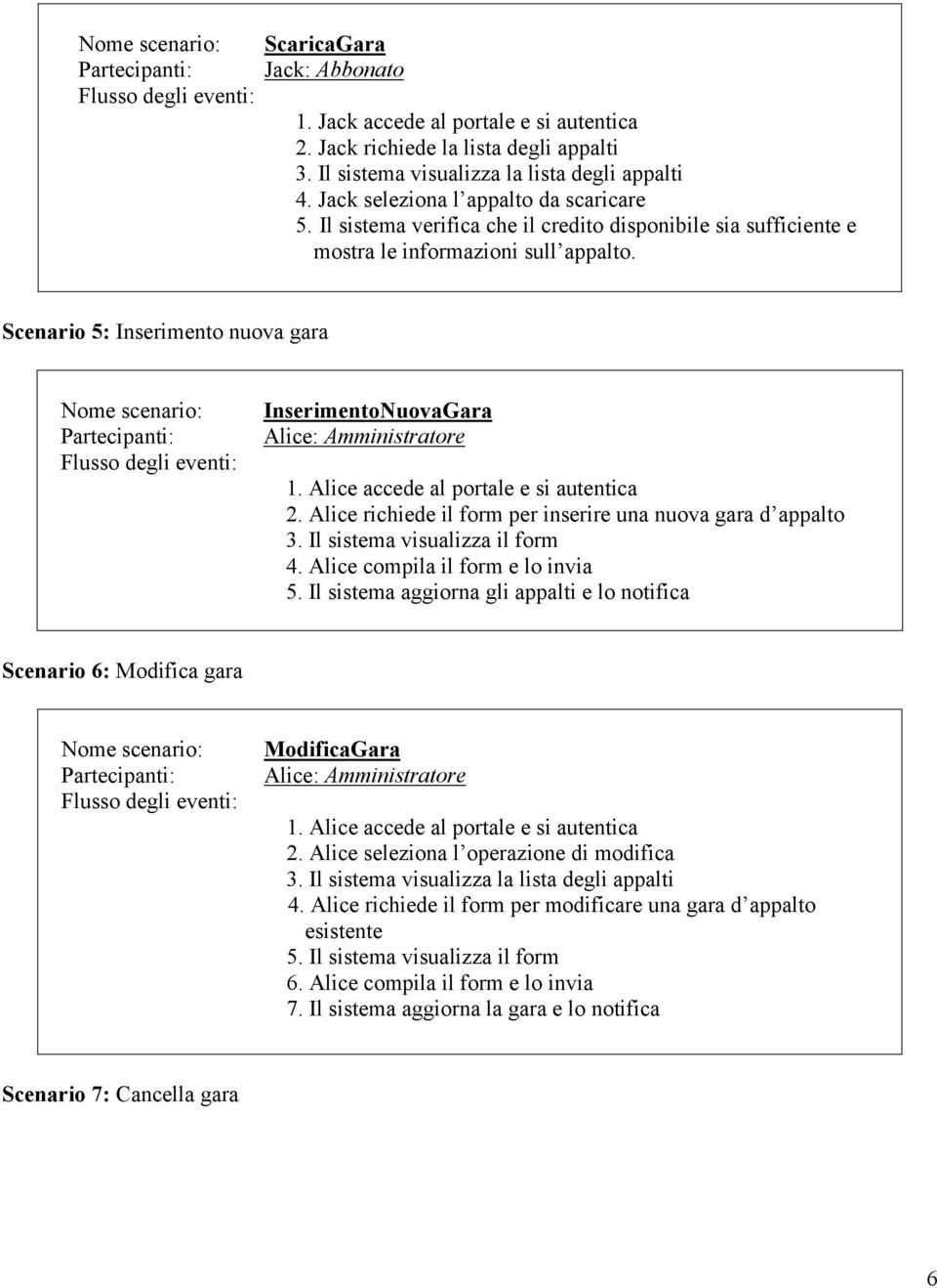 Scenario 5: Inserimento nuova gara Nome scenario: Partecipanti: Flusso degli eventi: InserimentoNuovaGara Alice: Amministratore 1. Alice accede al portale e si autentica 2.