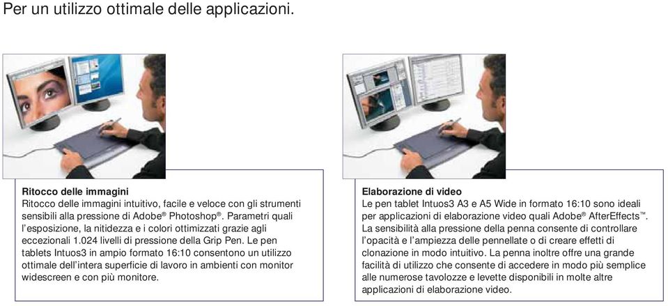 Le pen tablets Intuos3 in ampio formato 16:10 consentono un utilizzo ottimale dell intera superficie di lavoro in ambienti con monitor widescreen e con più monitore.