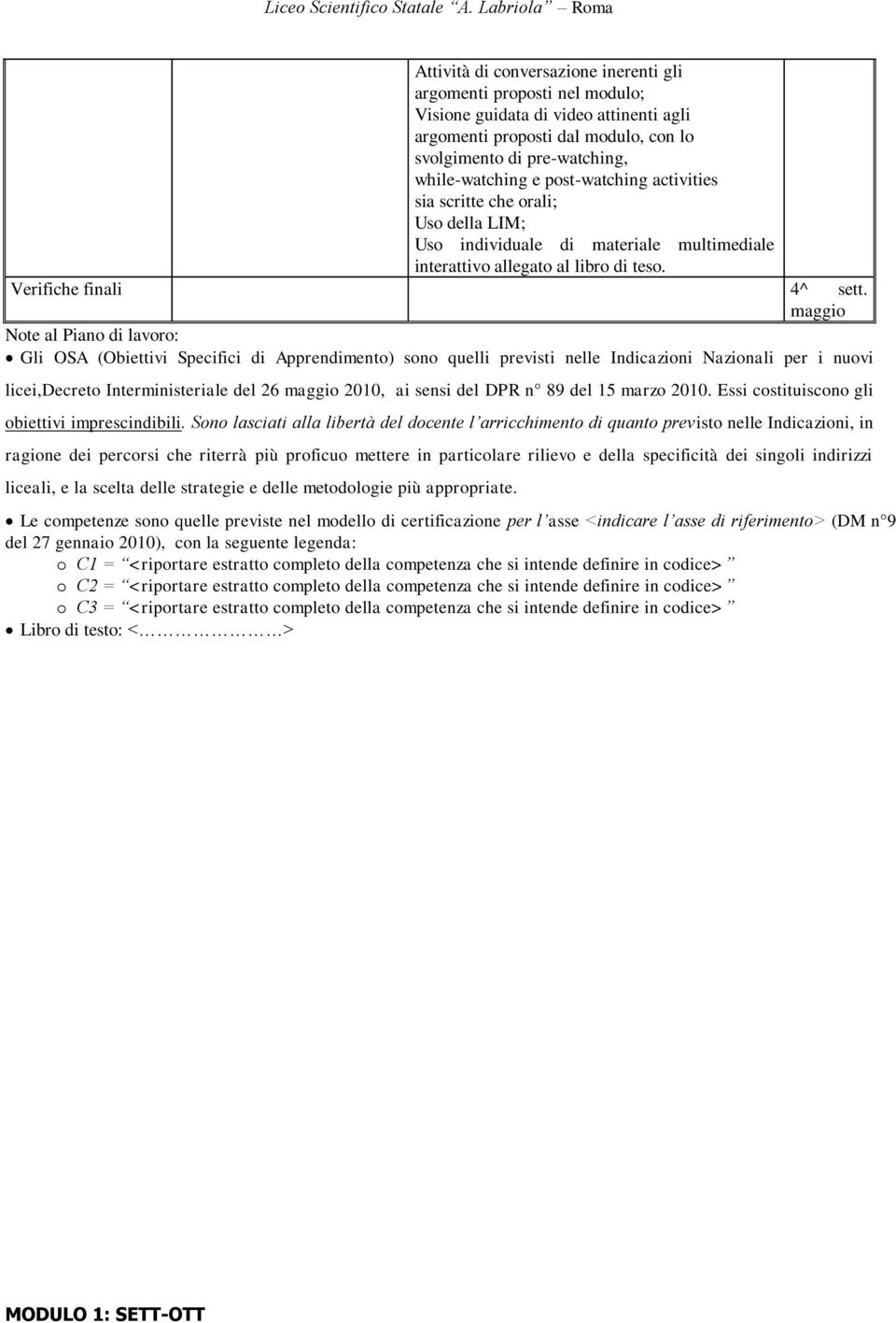 maggio Note al Piano di lavoro: Gli OSA (Obiettivi Specifici di Apprendimento) sono quelli previsti nelle Indicazioni Nazionali per i nuovi licei,decreto Interministeriale del 26 maggio 2010, ai