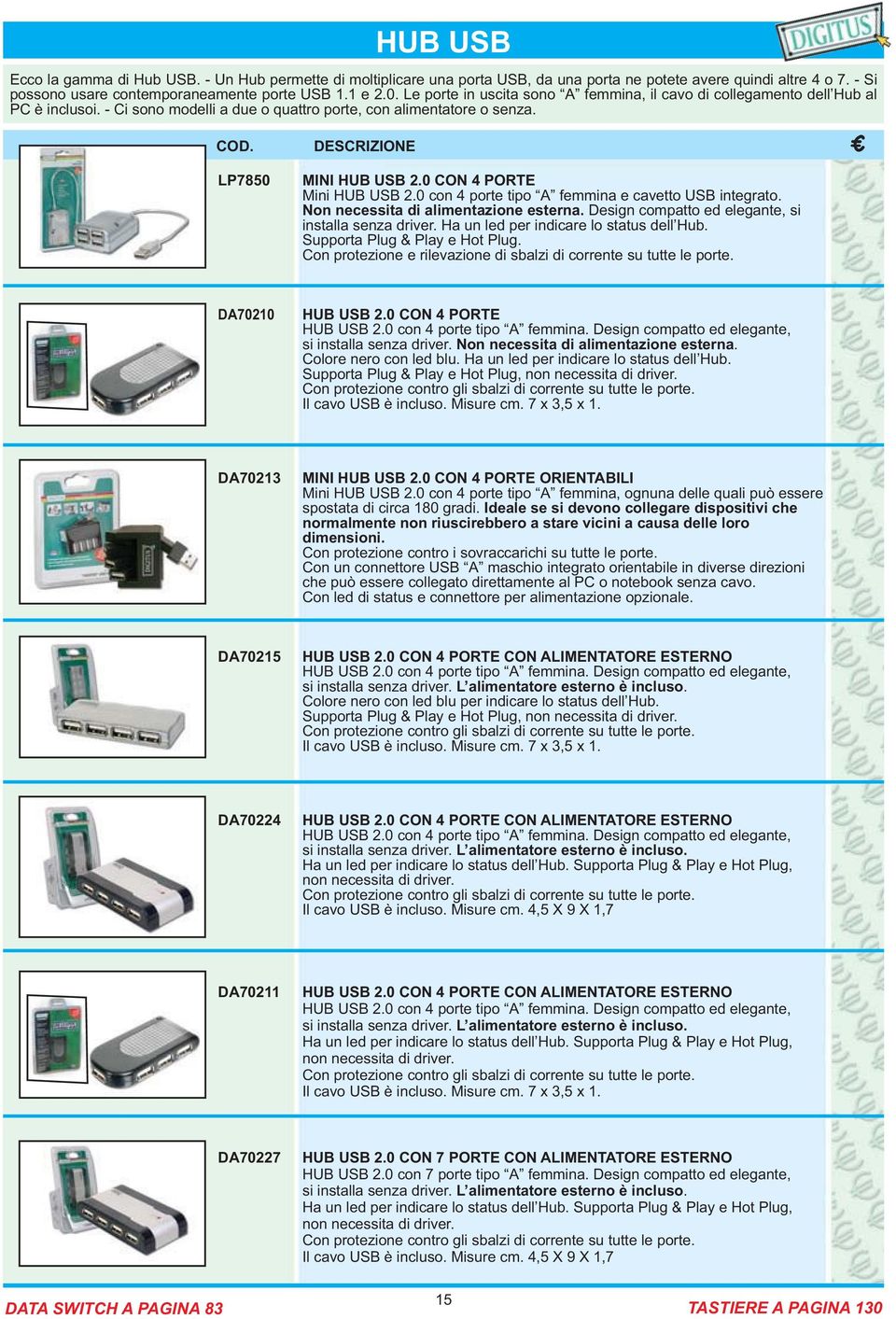 0 CON 4 PORTE Mini HUB USB 2.0 con 4 porte tipo A femmina e cavetto USB integrato. Non necessita di alimentazione esterna. Design compatto ed elegante, si installa senza driver.