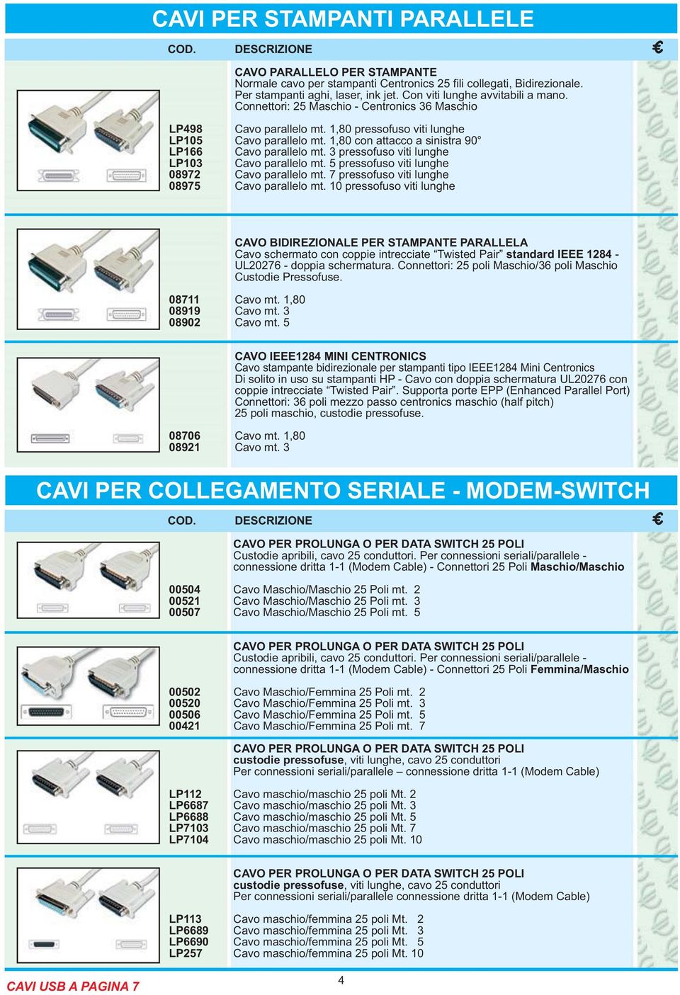 3 pressofuso viti lunghe LP103 Cavo parallelo mt. 5 pressofuso viti lunghe 08972 Cavo parallelo mt. 7 pressofuso viti lunghe 08975 Cavo parallelo mt.