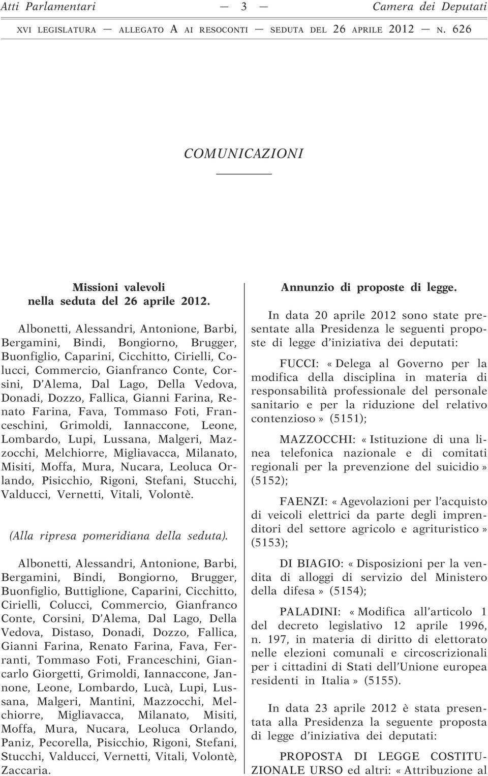 Vedova, Donadi, Dozzo, Fallica, Gianni Farina, Renato Farina, Fava, Tommaso Foti, Franceschini, Grimoldi, Iannaccone, Leone, Lombardo, Lupi, Lussana, Malgeri, Mazzocchi, Melchiorre, Migliavacca,