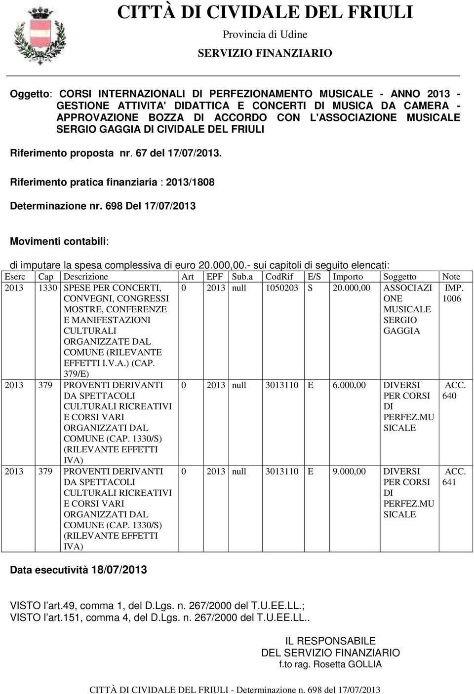 Riferimento pratica finanziaria : 2013/1808 Determinazione nr. 698 Del 17/07/2013 Movimenti contabili: di imputare la spesa complessiva di euro 20.000,00.