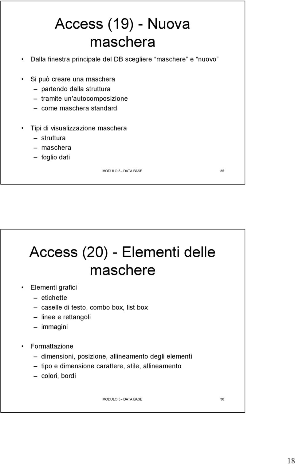 Access (20) - Elementi delle maschere Elementi grafici etichette caselle di testo, combo box, list box linee e rettangoli immagini