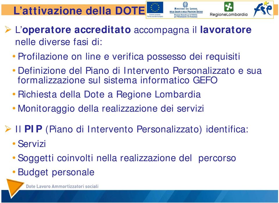 sistema informatico GEFO Richiesta della Dote a Regione Lombardia Monitoraggio della realizzazione dei servizi Il PIP