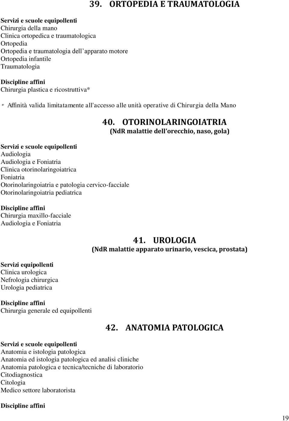 Otorinolaringoiatria e patologia cervico-facciale Otorinolaringoiatria pediatrica Chirurgia maxillo-facciale Audiologia e Foniatria Servizi equipollenti Clinica urologica Nefrologia chirurgica