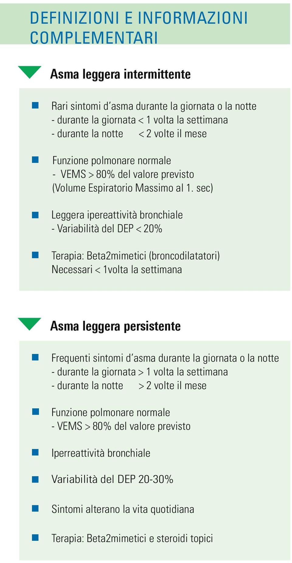 sec) Leggera ipereattività bronchiale - Variabilità del DEP < 20% Terapia: Beta2mimetici (broncodilatatori) Necessari < 1volta la settimana Asma leggera persistente Frequenti sintomi d asma