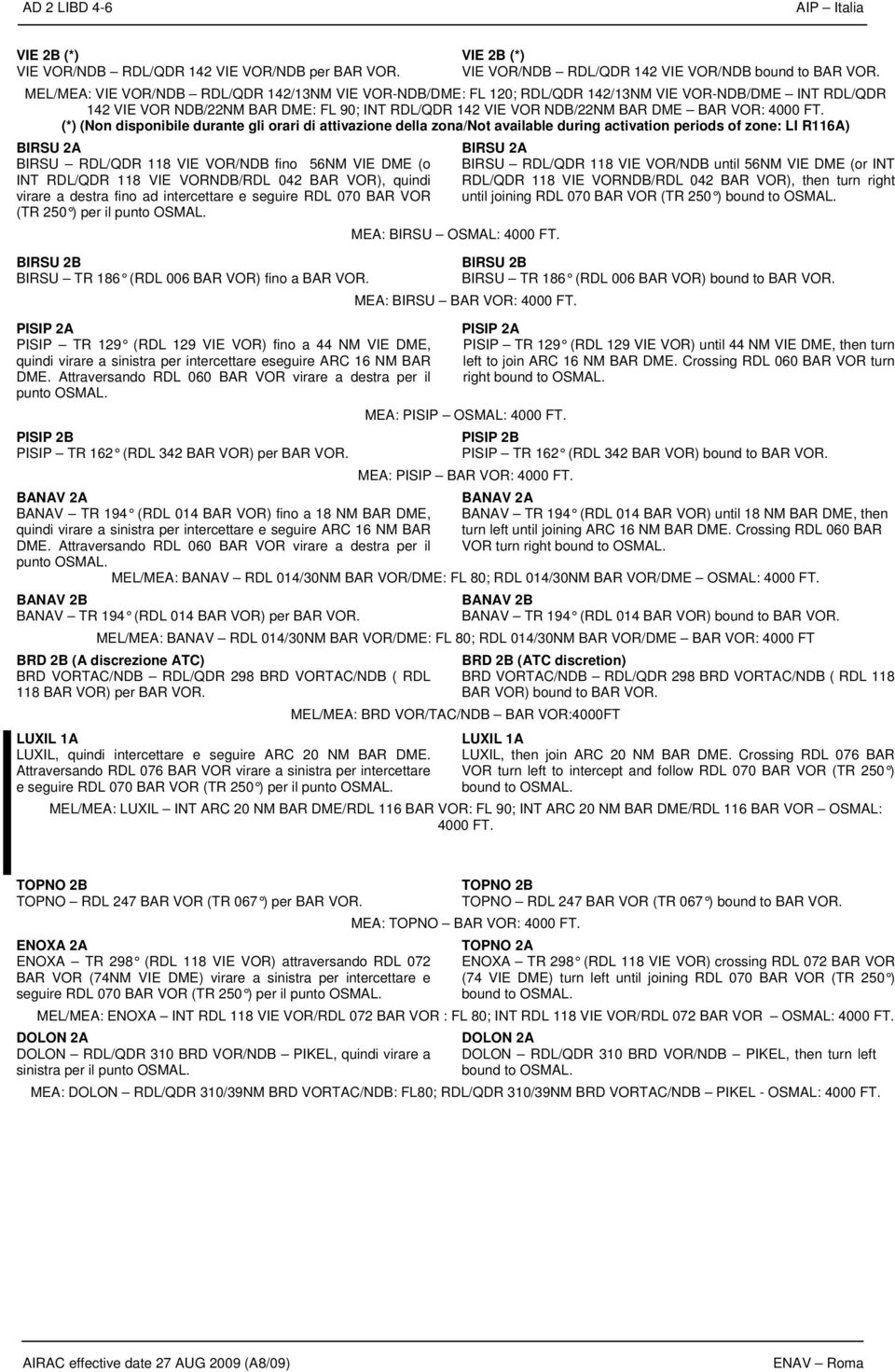 FT. (*) (Non disponibile durante gli orari di attivazione della zona/not available during activation periods of zone: LI R116A) BIRSU 2A BIRSU RDL/QDR 118 VIE VOR/NDB fino 56NM VIE DME (o INT RDL/QDR