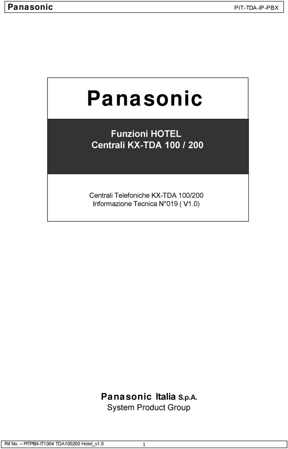 Tecnica N 019 ( V1.0) Panasonic Italia S.p.