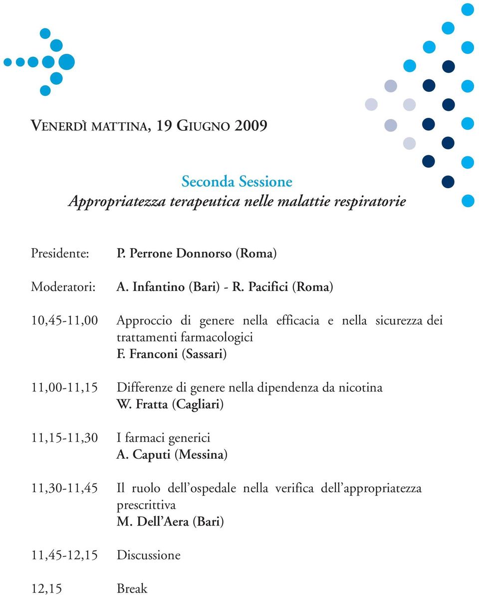 Pacifici (Roma) 10,45-11,00 Approccio di genere nella efficacia e nella sicurezza dei trattamenti farmacologici F.