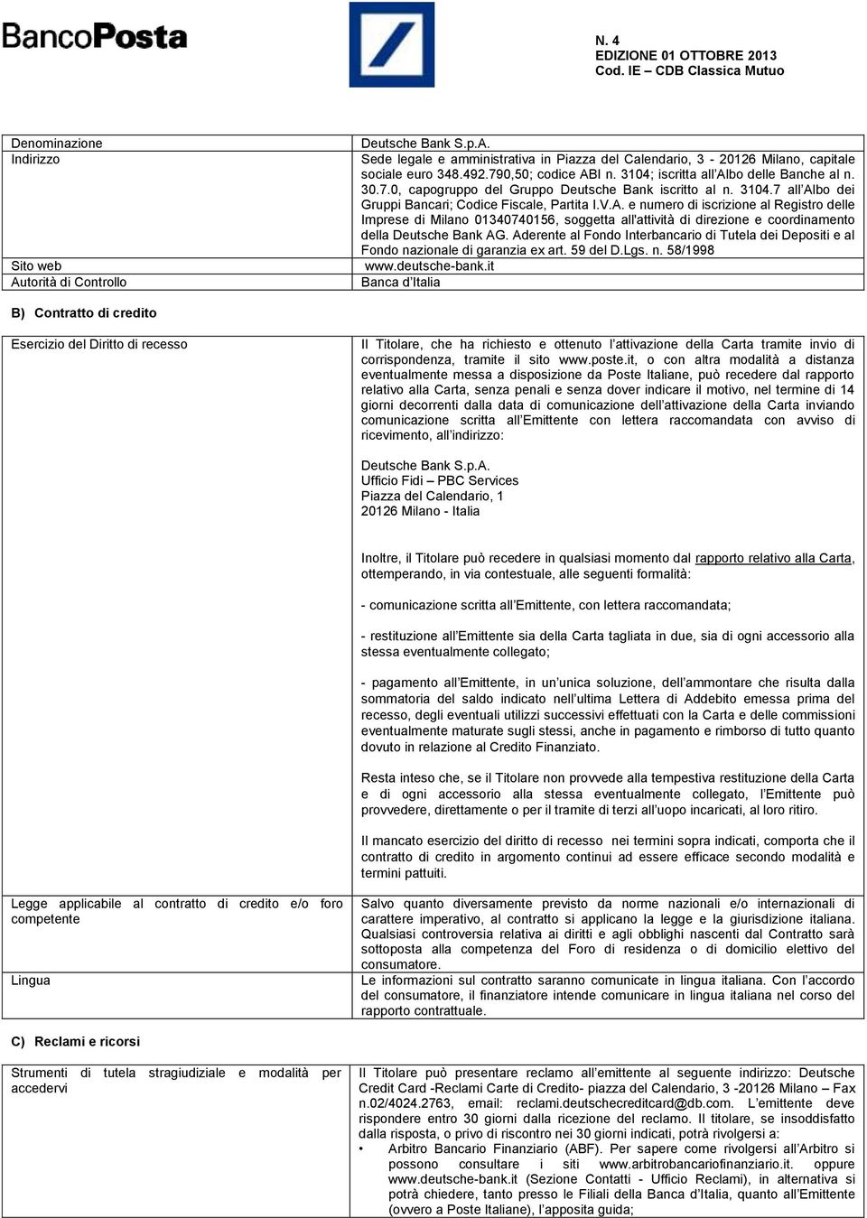 Aderente al Fondo Interbancario di Tutela dei Depositi e al Fondo nazionale di garanzia ex art. 59 del D.Lgs. n. 58/1998 www.deutsche-bank.