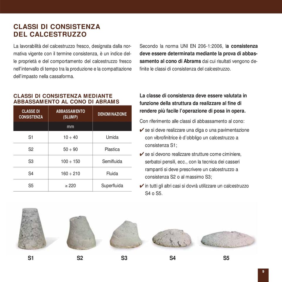 Secondo la norma UNI EN 206-1:2006, la consistenza deve essere determinata mediante la prova di abbassamento al cono di Abrams dai cui risultati vengono defi nite le classi di consistenza del