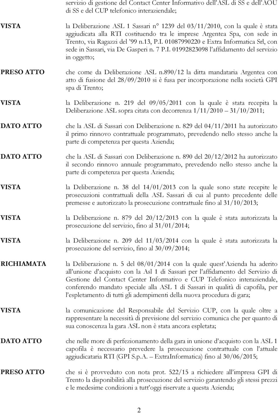 I. 01992823098 l affidamento del servizio in oggetto; che come da Deliberazione ASL n.