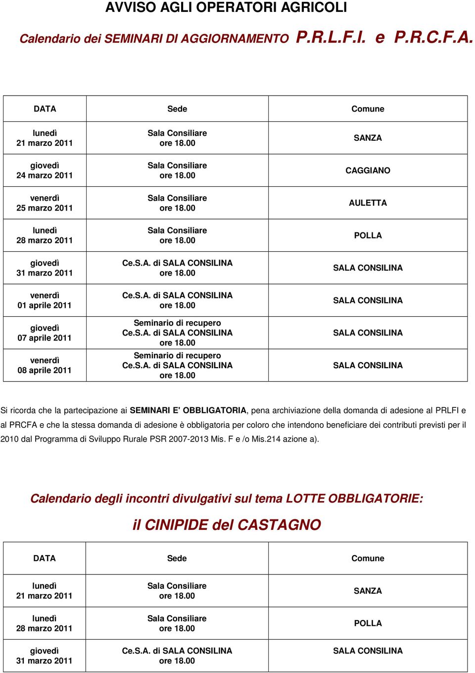 archiviazione della domanda di adesione al PRLFI e al PRCFA e che la stessa domanda di adesione è obbligatoria per coloro che intendono beneficiare dei contributi previsti per il 2010 dal Programma