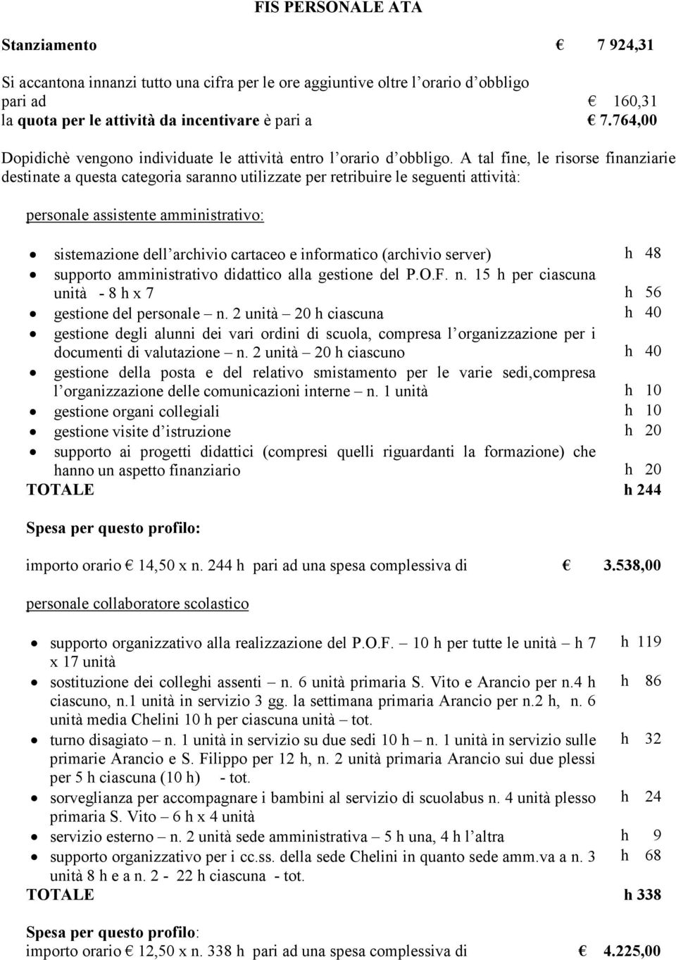 A tal fine, le risorse finanziarie destinate a questa categoria saranno utilizzate per retribuire le seguenti attività: personale assistente amministrativo: sistemazione dell archivio cartaceo e