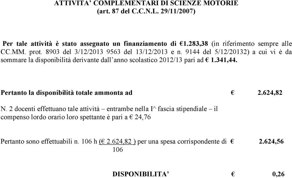 9144 del 5/12/20132) a cui vi è da sommare la disponibilità derivante dall anno scolastico 2012/13 pari ad 1.341,44.