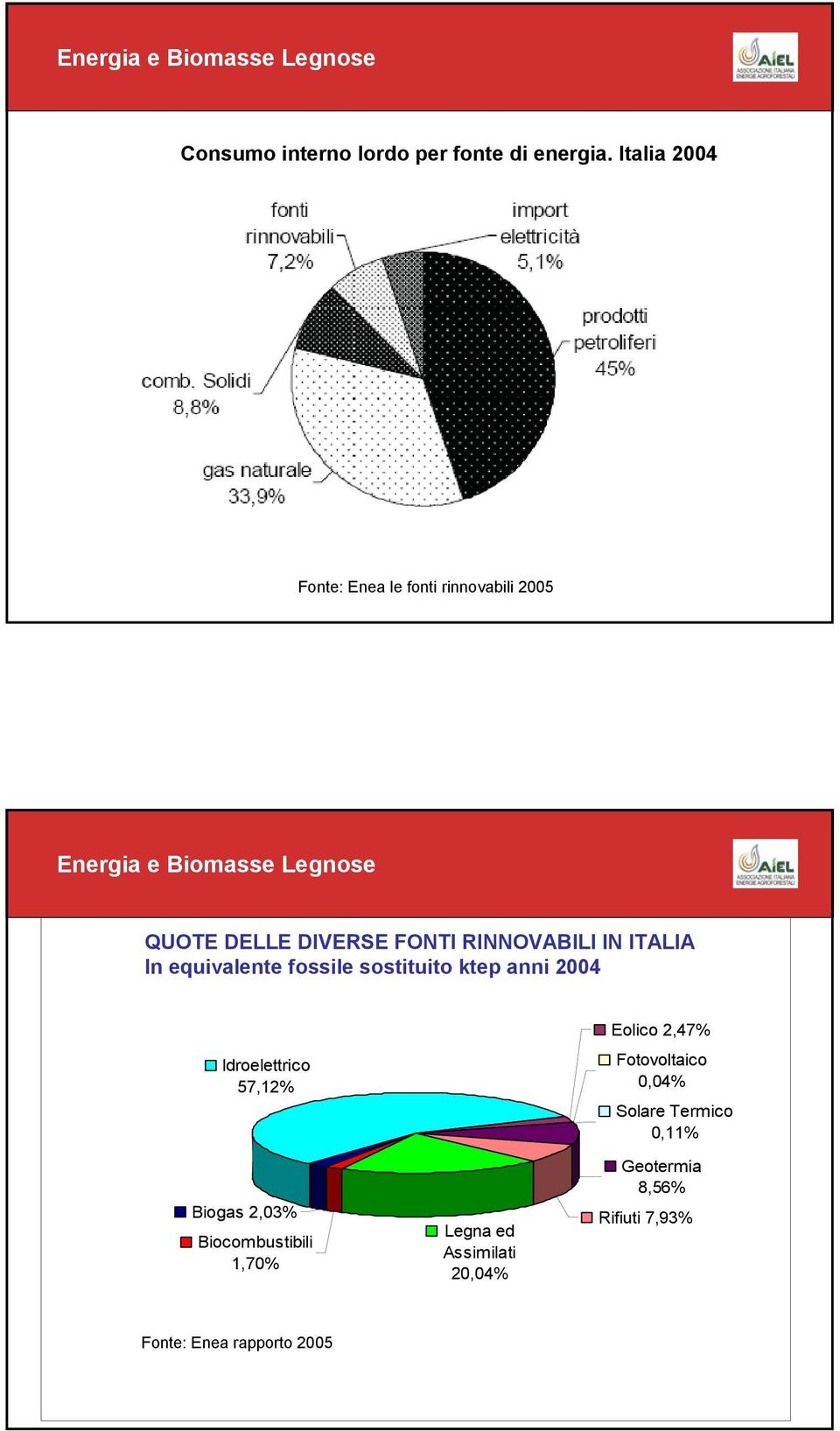 RINNOVABILI IN ITALIA In equivalente fossile sostituito ktep anni 2004 Idroelettrico 57,12% Biogas 2,03%