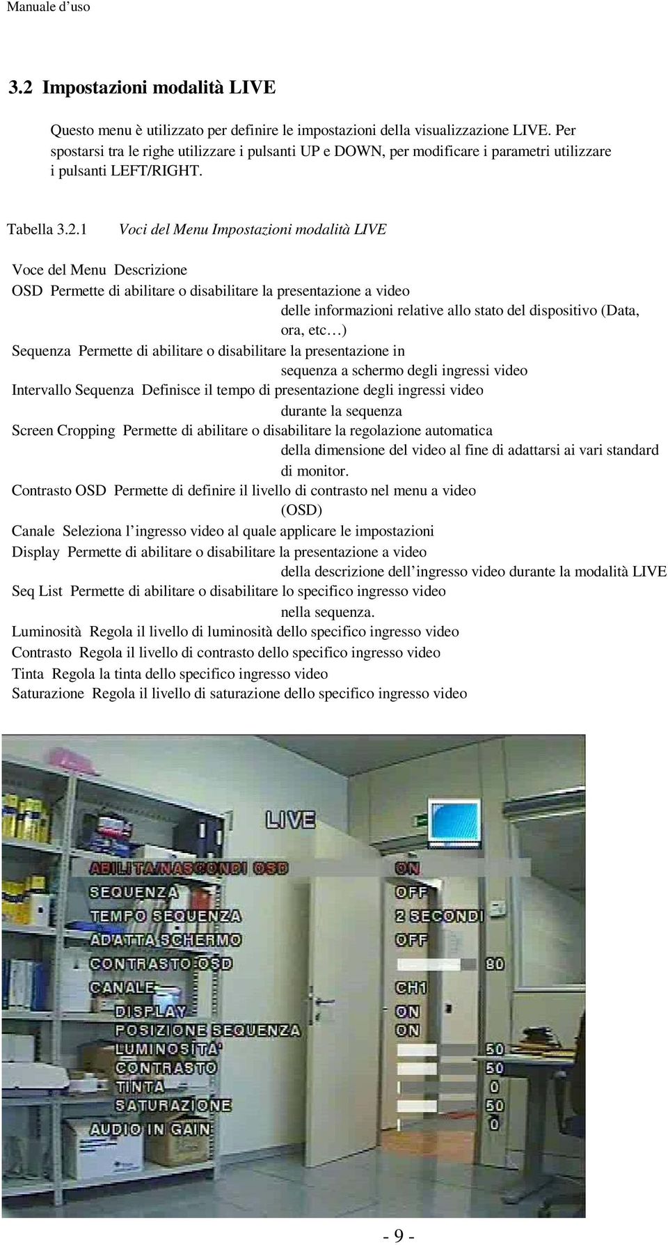 1 Voci del Menu Impostazioni modalità LIVE Voce del Menu Descrizione OSD Permette di abilitare o disabilitare la presentazione a video delle informazioni relative allo stato del dispositivo (Data,