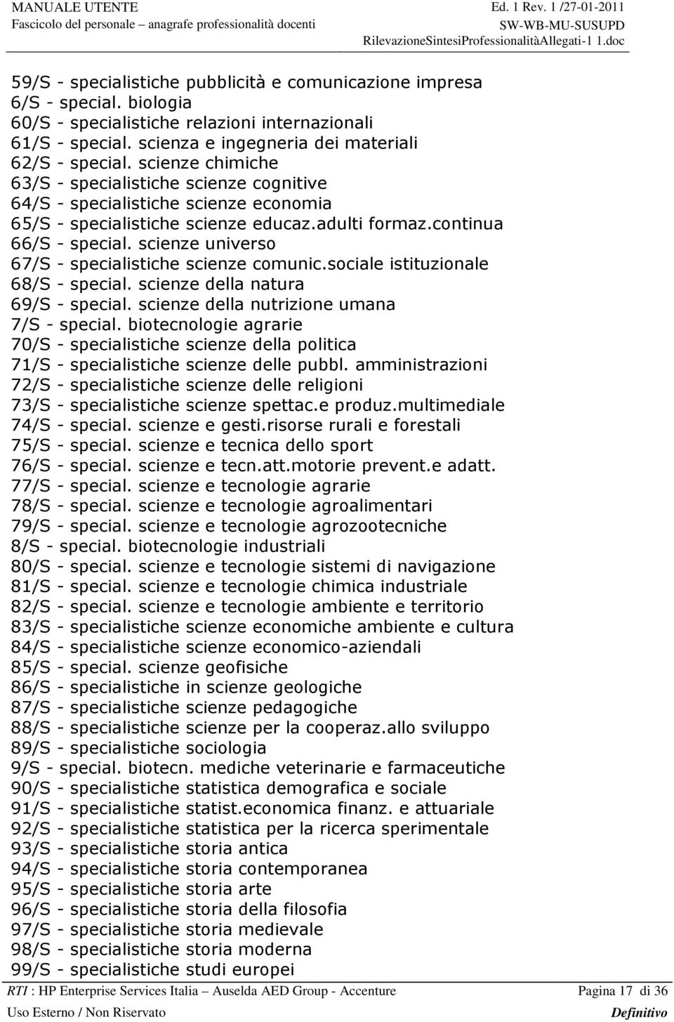 scienze universo 67/S - specialistiche scienze comunic.sociale istituzionale 68/S - special. scienze della natura 69/S - special. scienze della nutrizione umana 7/S - special.