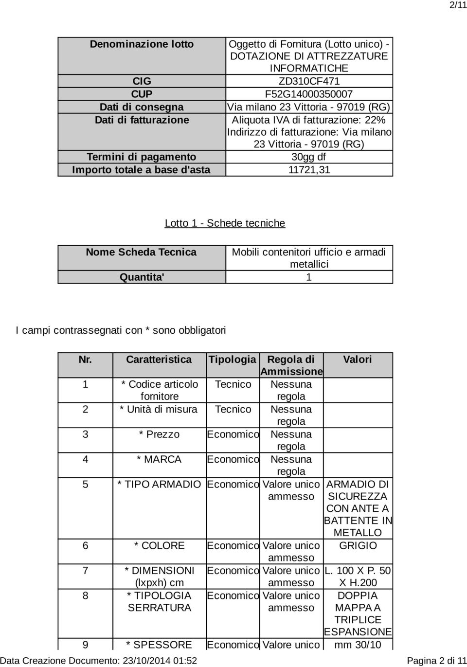 tecniche Nome Scheda Tecnica Mobili contenitori ufficio e armadi metallici Quantita' 1 I campi contrassegnati con * sono obbligatori Nr.