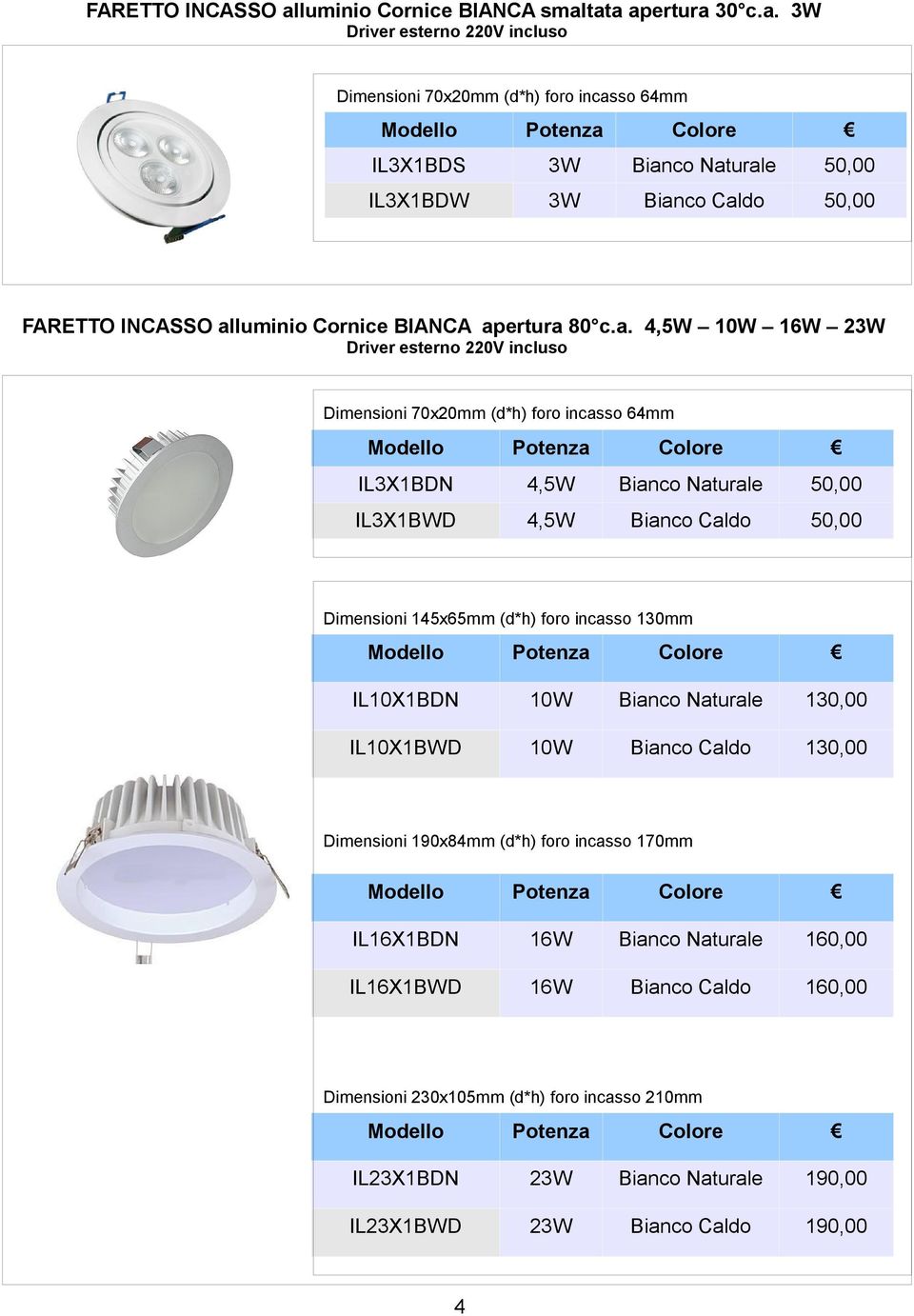 tata apertura 30 c.a. Driver esterno 220V incluso Dimensioni 70x20mm (d*h) foro incasso 64mm IL3X1BDS IL3X1BDW luminio Cornice BIANCA apertura 80 c.