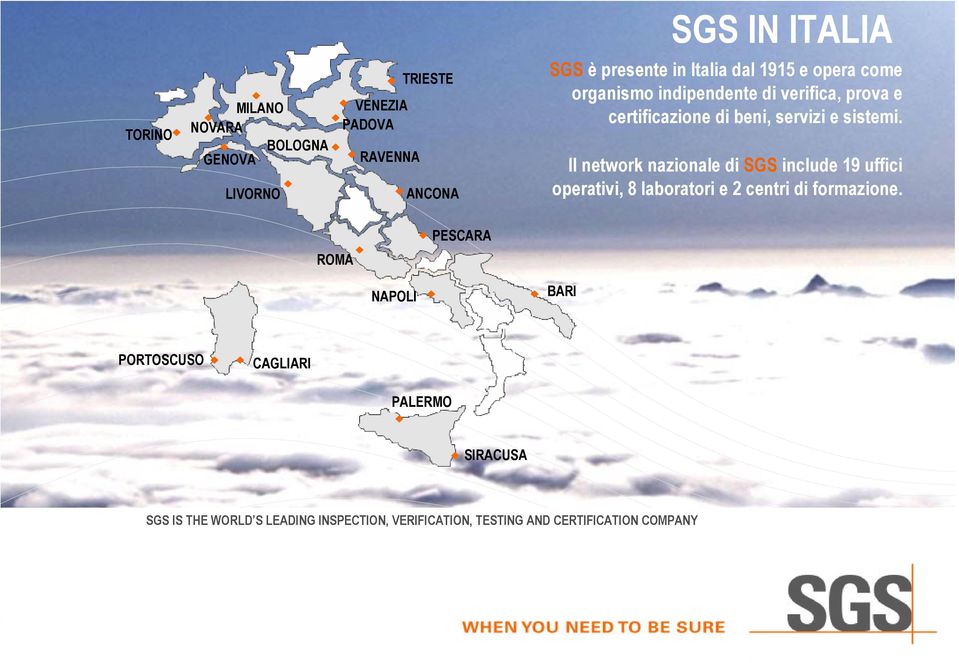 Il network nazionale di SGS include 19 uffici operativi, 8 laboratori e 2 centri di formazione.