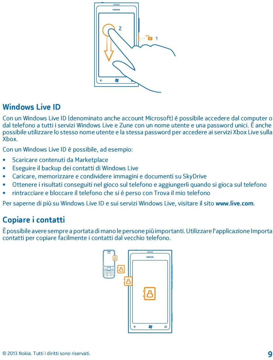Con un Windows Live ID è possibile, ad esempio: Scaricare contenuti da Marketplace Eseguire il backup dei contatti di Windows Live Caricare, memorizzare e condividere immagini e documenti su SkyDrive