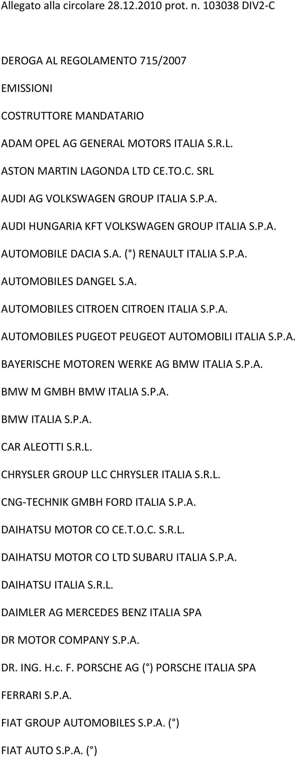 P.A. BAYERISCHE MOTOREN WERKE AG BMW ITALIA S.P.A. BMW M GMBH BMW ITALIA S.P.A. BMW ITALIA S.P.A. CAR ALEOTTI S.R.L. CHRYSLER GROUP LLC CHRYSLER ITALIA S.R.L. CNG-TECHNIK GMBH FORD ITALIA S.P.A. DAIHATSU MOTOR CO CE.
