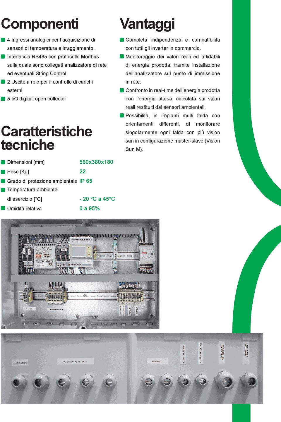 Caratteristiche tecniche Completa indipendenza e compatibilità con tutti gli inverter in commercio. di energia prodotta, tramite installazione dell analizzatore sul punto di immissione in rete.