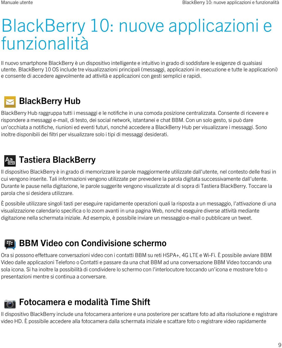 BlackBerry 10 OS include tre visualizzazioni principali (messaggi, applicazioni in esecuzione e tutte le applicazioni) e consente di accedere agevolmente ad attività e applicazioni con gesti semplici