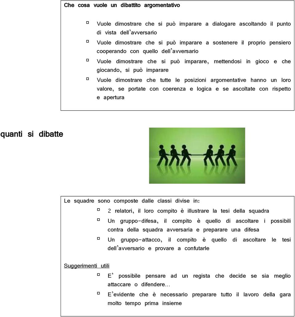 loro valore, se portate con coerenza e logica e se ascoltate con rispetto e apertura quanti si dibatte Le squadre sono composte dalle classi divise in: 2 relatori, il loro compito è illustrare la