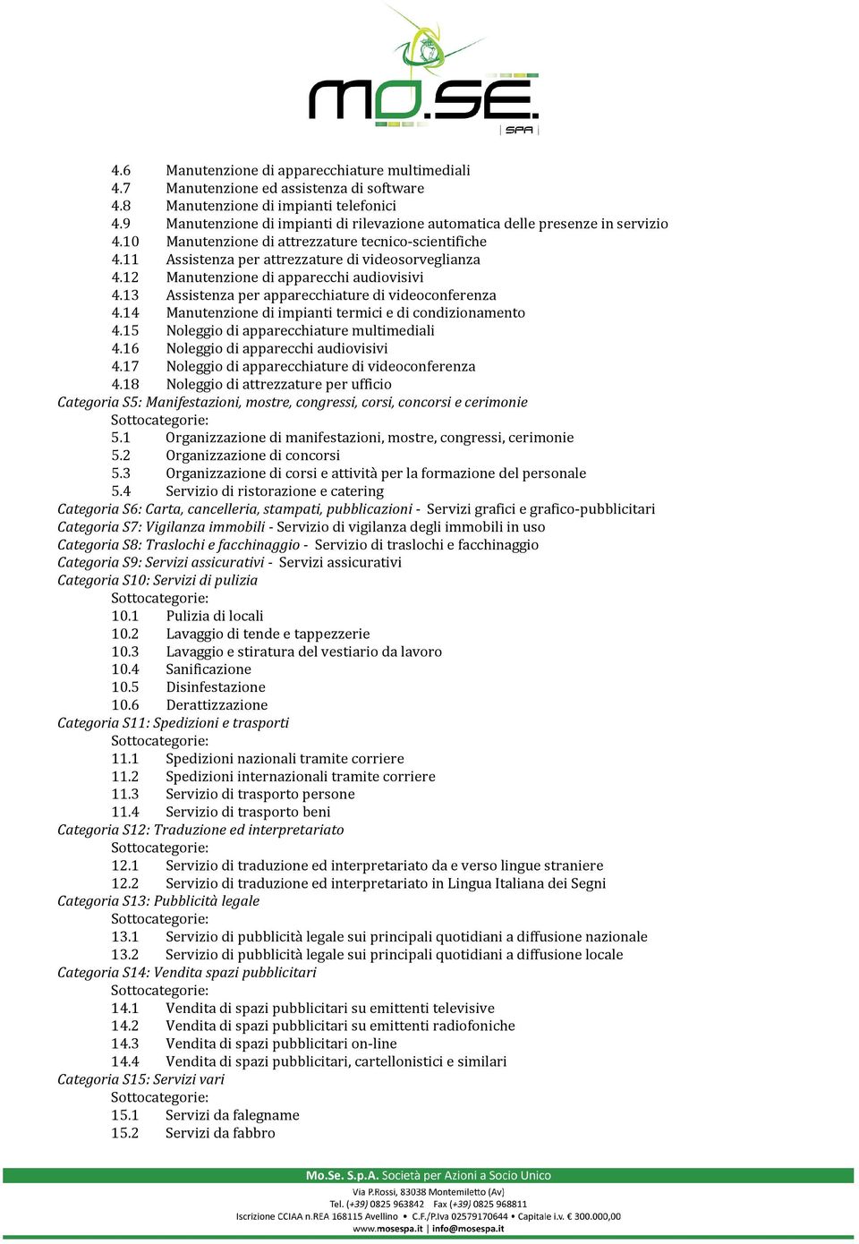 12 Manutenzione di apparecchi audiovisivi 4.13 Assistenza per apparecchiature di videoconferenza 4.14 Manutenzione di impianti termici e di condizionamento 4.