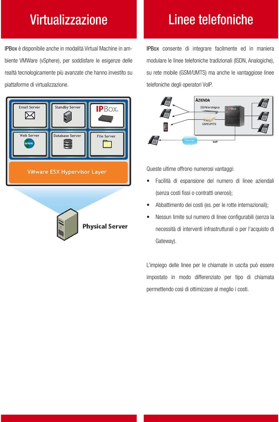 IPBox consente di integrare facilmente ed in maniera modulare le linee telefoniche tradizionali (ISDN, Analogiche), su rete mobile (GSM/UMTS) ma anche le vantaggiose linee telefoniche degli operatori