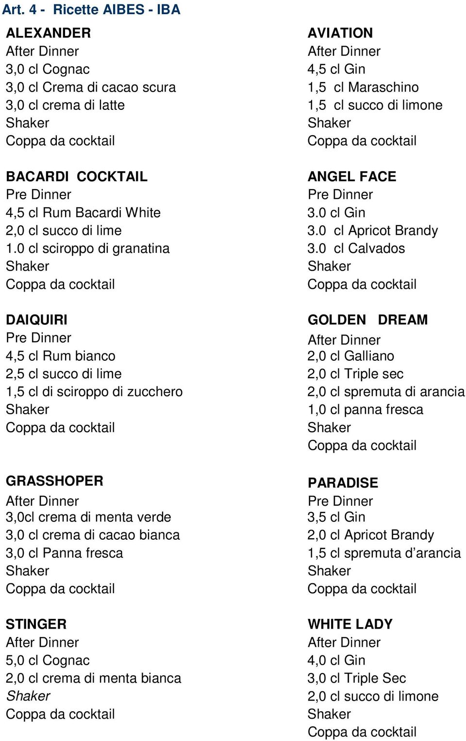 0 cl Calvados DAIQUIRI GOLDEN DREAM Pre Dinner 4,5 cl Rum bianco 2,0 cl Galliano 2,5 cl succo di lime 2,0 cl Triple sec 1,5 cl di sciroppo di zucchero 2,0 cl spremuta di arancia 1,0 cl panna fresca