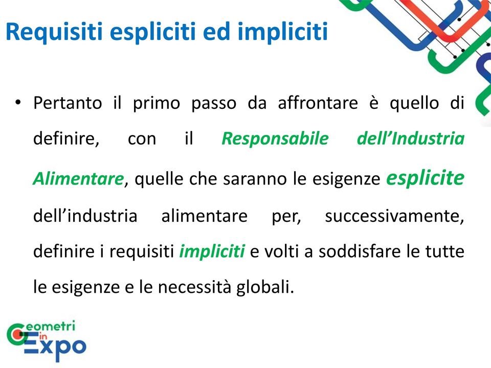 esigenze esplicite dell industria alimentare per, successivamente, definire i