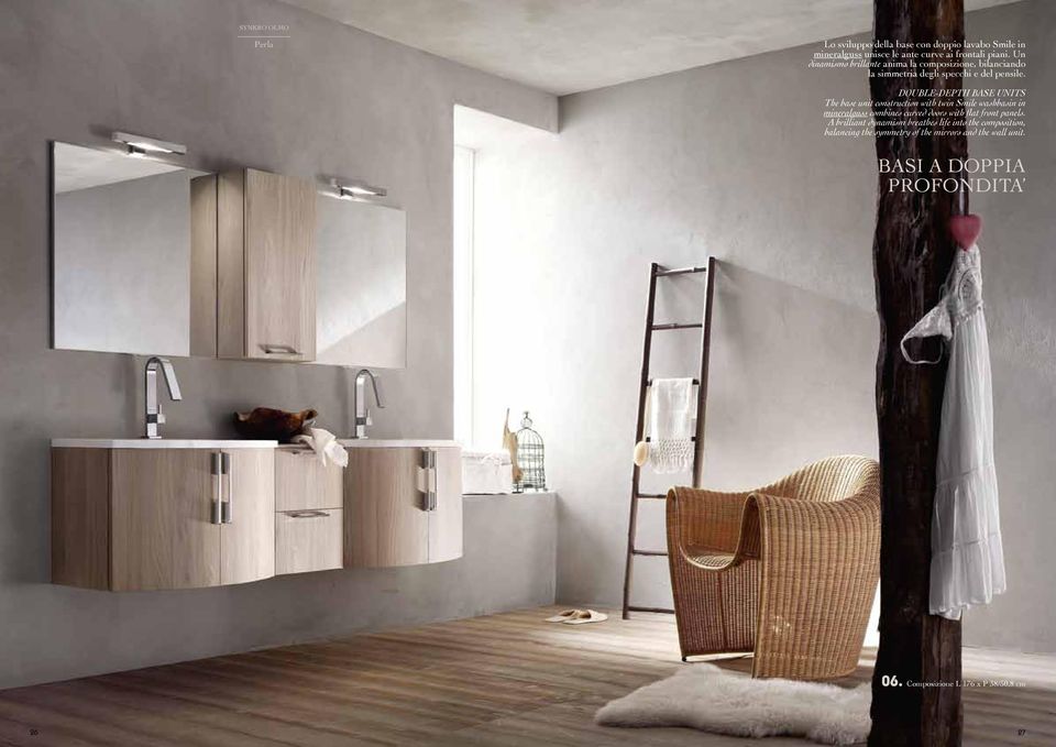 DOUBLE-DEPTH BASE UNITS The base unit construction with twin Smile washbasin in mineralguss combines curved doors with flat front