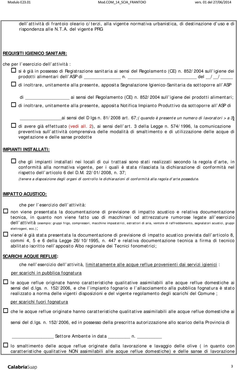 852/2004 sull igiene dei prodotti alimentari dell ASP di n.