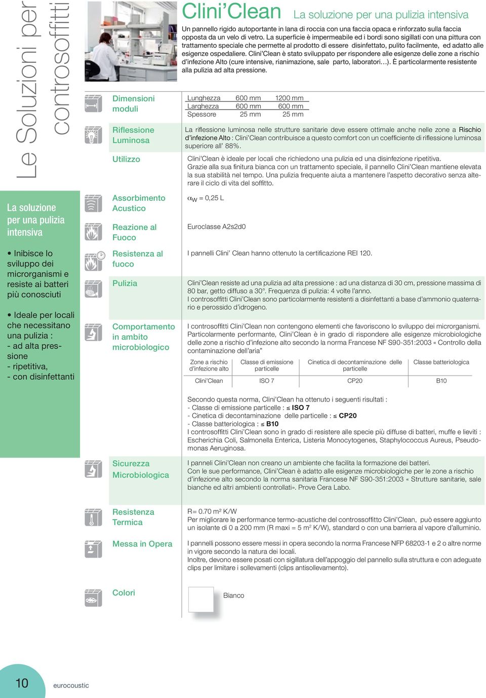 microbiologico Clini Clean La soluzione per una pulizia intensiva Un pannello rigido autoportante in lana di roccia con una faccia opaca e rinforzato sulla faccia opposta da un velo di vetro.