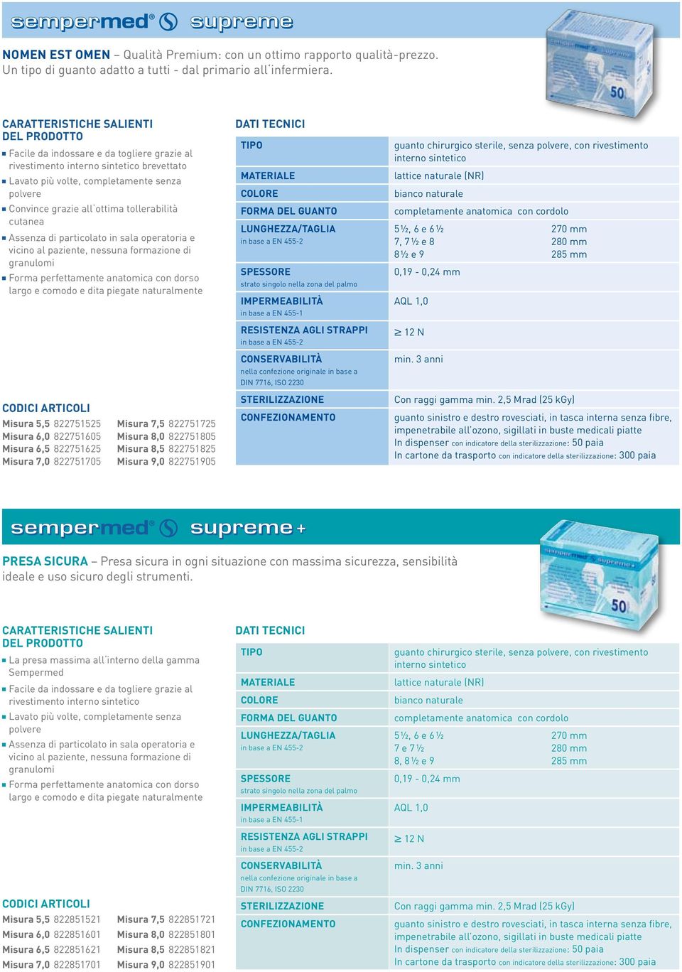 operatoria e vicino al paziente, nessuna formazione di granulomi bianco naturale 5 ½, 6 e 6 ½ 270 mm 7, 7 ½ e 8 280 mm 8 ½ e 9 285 mm 0,19-0,24 mm Misura 5,5 822751525 Misura 6,0 822751605 Misura 6,5