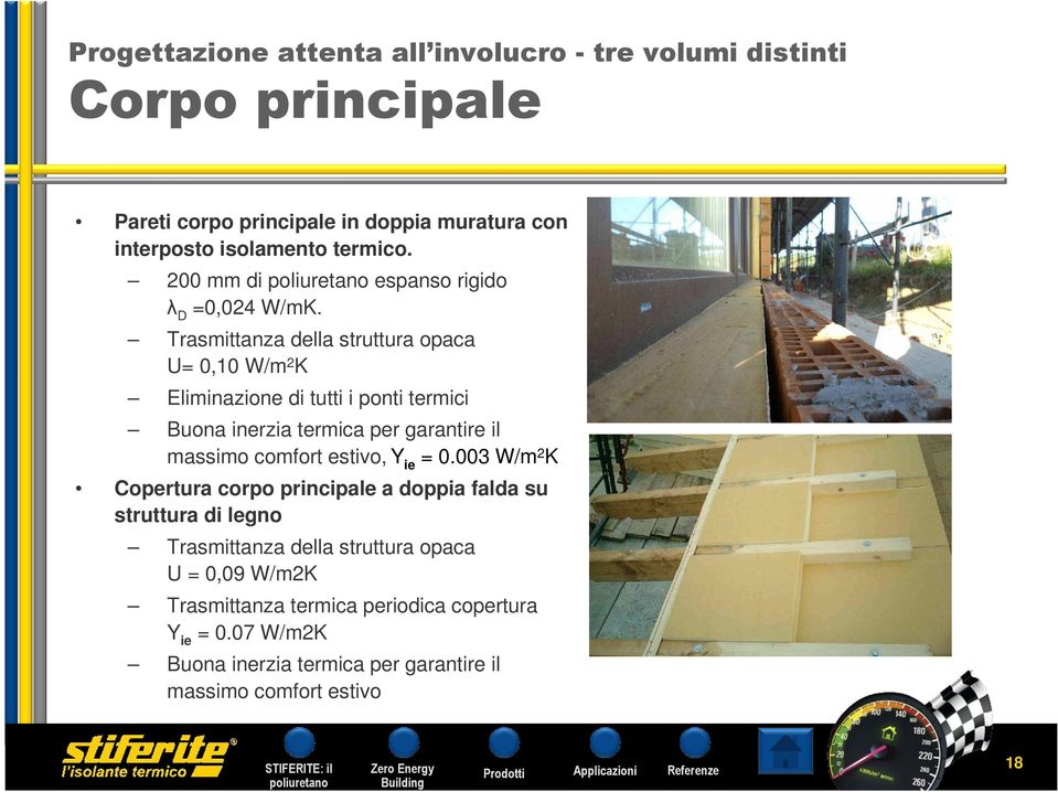 Trasmittanza della struttura opaca U= 0,10 W/m 2 K Eliminazione di tutti i ponti termici Buona inerzia termica per garantire il massimo comfort estivo,