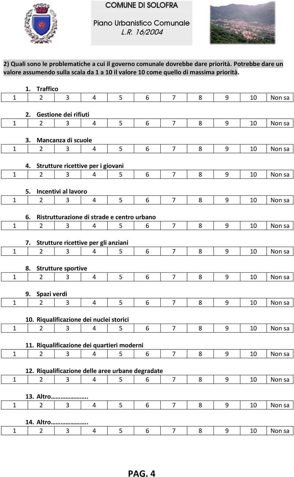 Mancanza di scuole 4. Strutture ricettive per i giovani 5. Incentivi al lavoro 6. Ristrutturazione di strade e centro urbano 7.