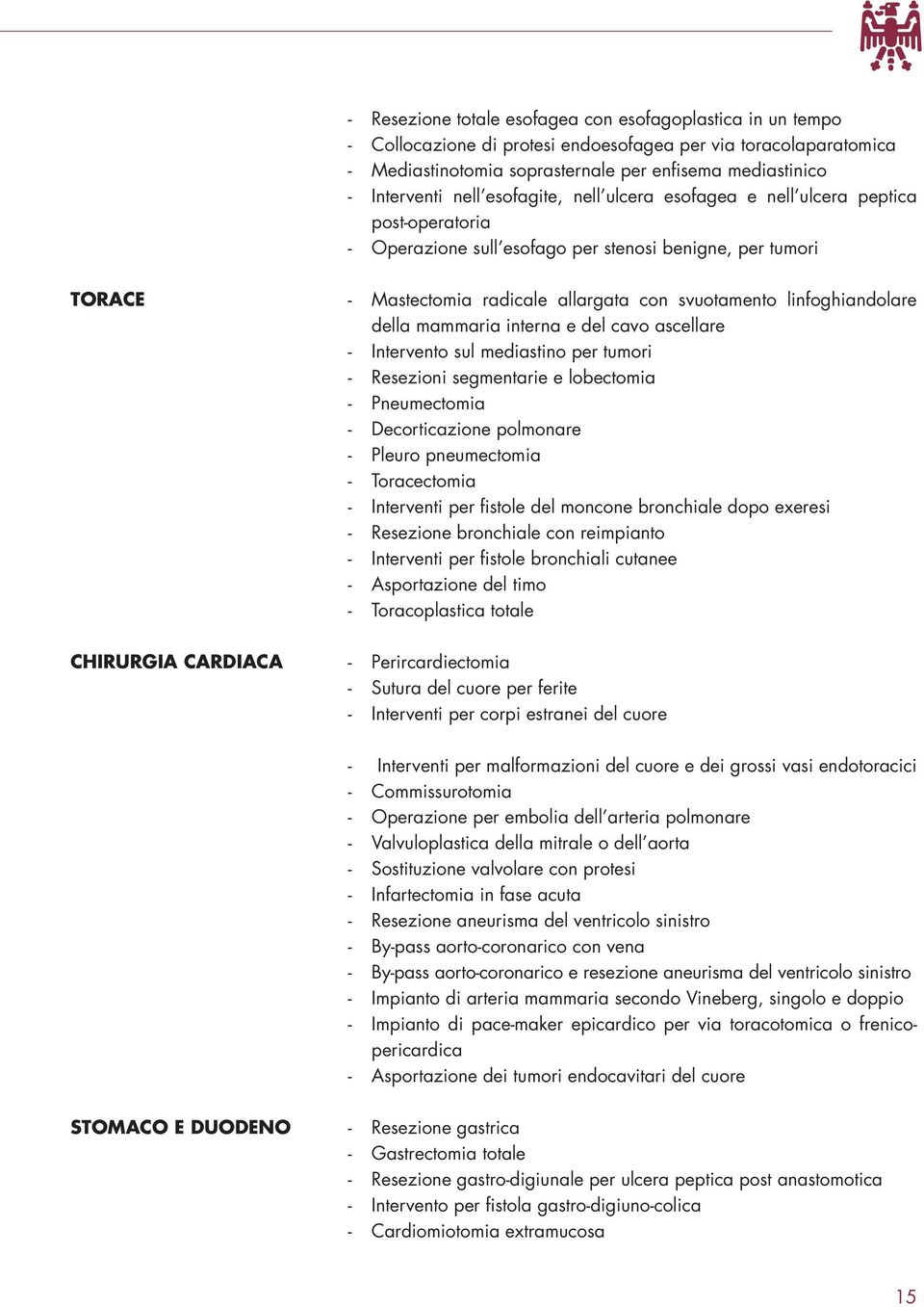 linfoghiandolare della mammaria interna e del cavo ascellare - Intervento sul mediastino per tumori - Resezioni segmentarie e lobectomia - Pneumectomia - Decorticazione polmonare - Pleuro