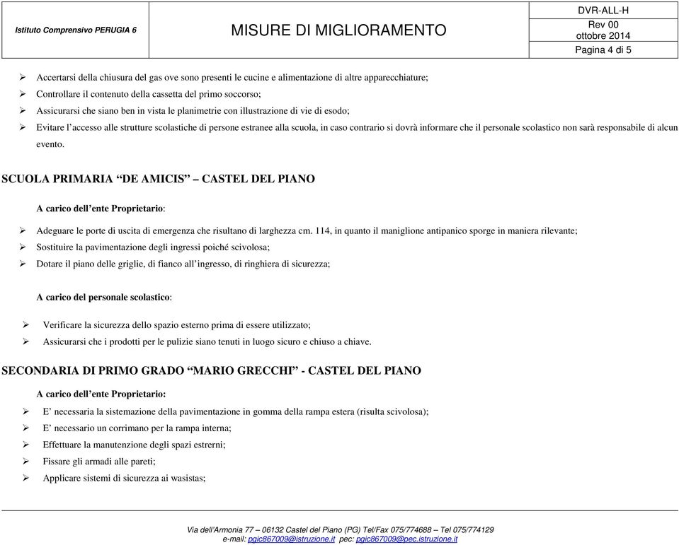 scolastico non sarà responsabile di alcun evento. SCUOLA PRIMARIA DE AMICIS CASTEL DEL PIANO Adeguare le porte di uscita di emergenza che risultano di larghezza cm.