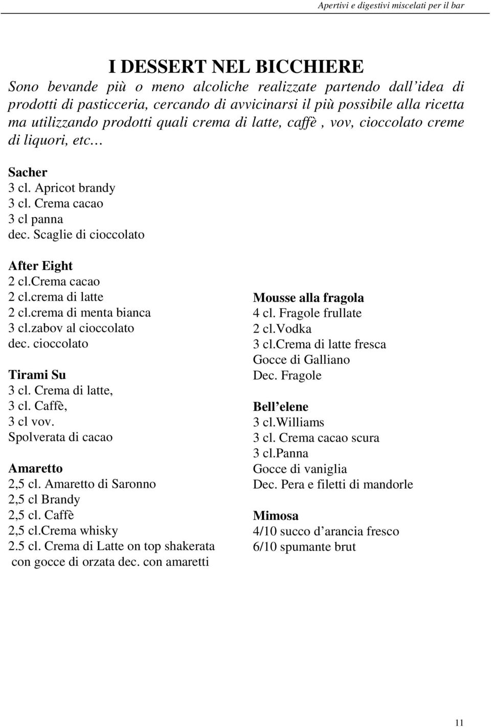 crema di menta bianca 3 cl.zabov al cioccolato dec. cioccolato Tirami Su 3 cl. Crema di latte, 3 cl. Caffè, 3 cl vov. Spolverata di cacao Amaretto 2,5 cl. Amaretto di Saronno 2,5 cl Brandy 2,5 cl.