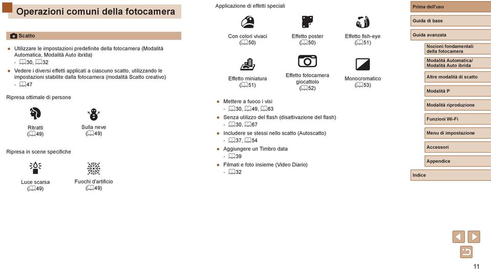 d'artificio (= 49) Con colori vivaci (= 50) Effetto miniatura (= 51) Effetto poster (= 50) Effetto fotocamera giocattolo (= 52) Mettere a fuoco i visi = 30, = 49, = 63 Senza utilizzo del flash