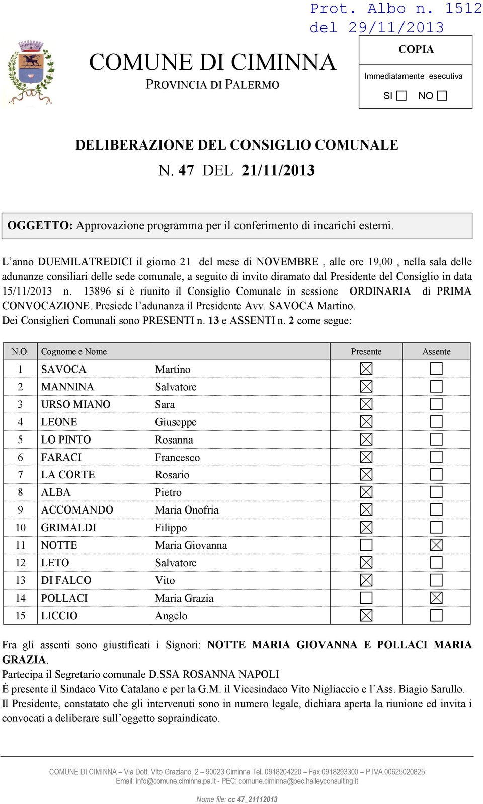 L anno DUEMILATREDICI il giorno 21 del mese di NOVEMBRE, alle ore 19,00, nella sala delle adunanze consiliari delle sede comunale, a seguito di invito diramato dal Presidente del Consiglio in data